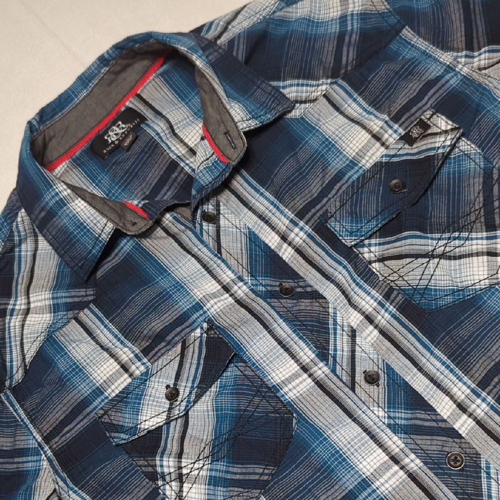Rock & Republic Blue and Gray Western Plaid Long Sleeve Mens Shirt Size‎ Large